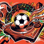 Ilustración urbana de un balón de fútbol y un tocadiscos, simbolizando la nueva faceta musical del futbolista Ronaldinho.