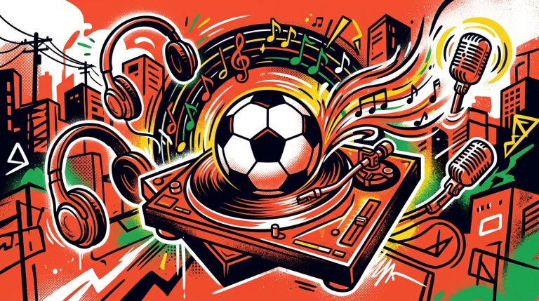 Ilustración urbana de un balón de fútbol y un tocadiscos, simbolizando la nueva faceta musical del futbolista Ronaldinho.
