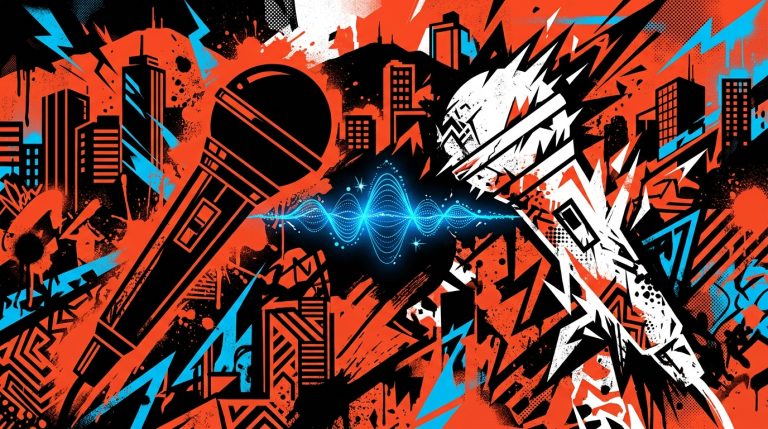 Ilustración de arte urbano con dos micrófonos opuestos, simbolizando la nueva colaboración musical de Jay-Z y Eminem.