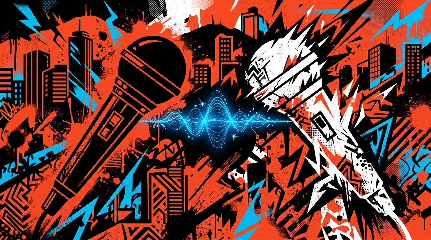 Ilustración de arte urbano con dos micrófonos opuestos, simbolizando la nueva colaboración musical de Jay-Z y Eminem.