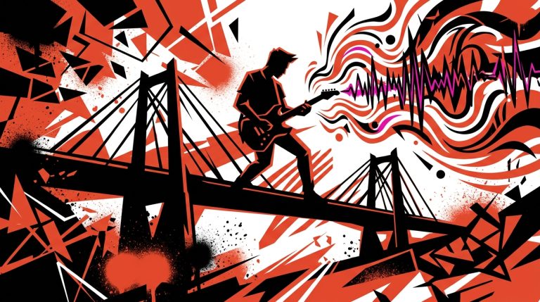 Ilustración urbana de la fusión de Interpol y el productor de Rosalía para su nuevo álbum, con símbolos de Valencia.