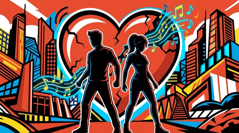 Ilustración urbana de Paola Jara y Jessi Uribe con un corazón roto y notas musicales, representando su gira del despecho.