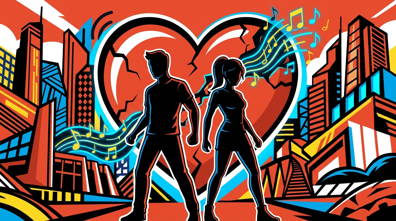 Ilustración urbana de Paola Jara y Jessi Uribe con un corazón roto y notas musicales, representando su gira del despecho.