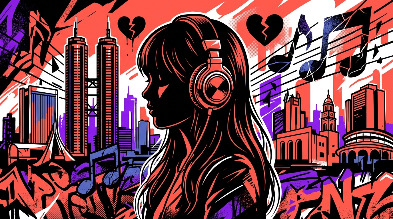 Ilustración urbana de chica con audífonos y corazón roto, simbolizando el nuevo álbum de Olivia Rodrigo en Bonchona Radio.