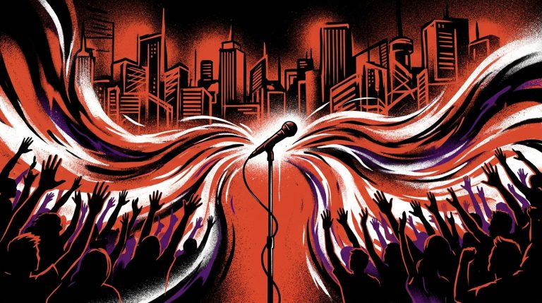 Ilustración urbana por la despedida del Indio Solari. Micrófono vacío ante un público masivo. Arte de Bonchona Radio.