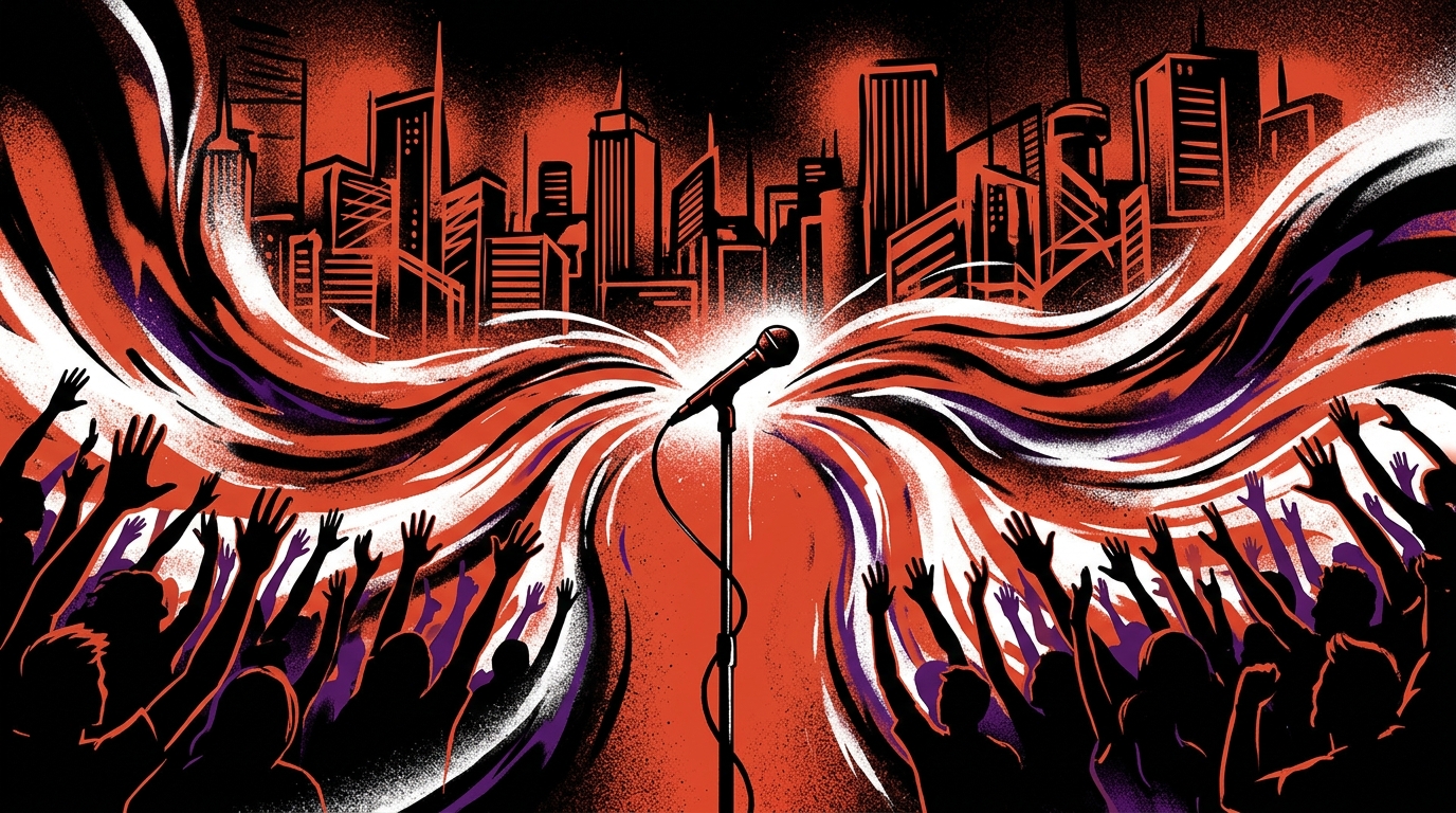 Ilustración urbana por la despedida del Indio Solari. Micrófono vacío ante un público masivo. Arte de Bonchona Radio.