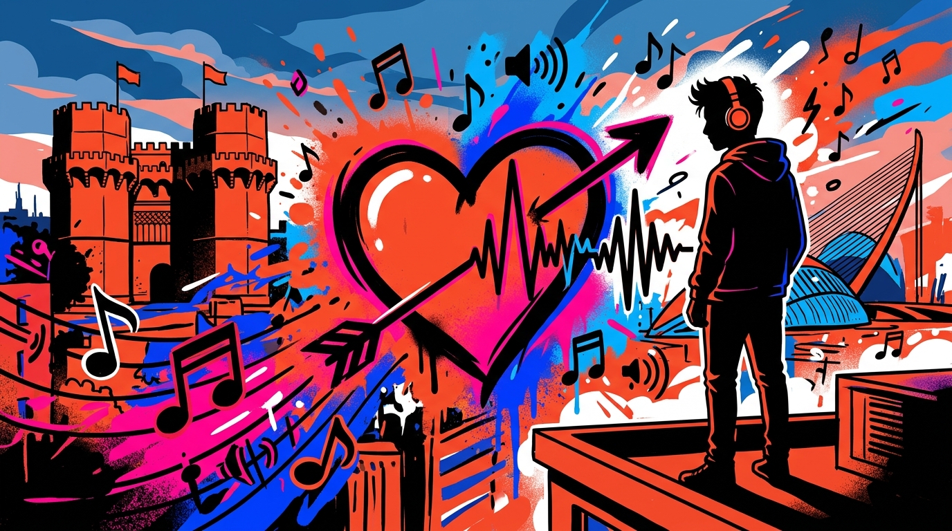 Ilustración urbana sobre el merengue romántico de Jhay P. Silueta de artista con un corazón flechado y notas musicales.