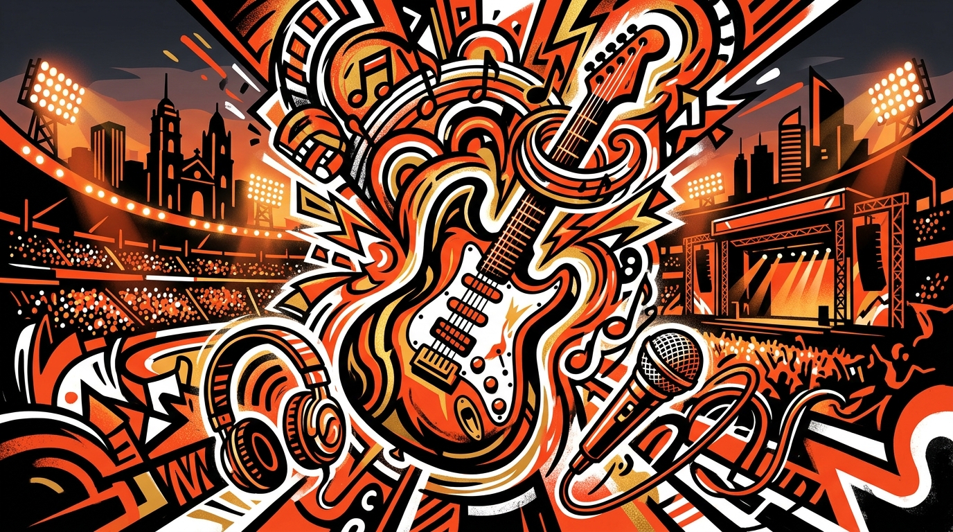 Ilustración urbana celebrando el concierto de 40 años de Maná. Símbolos musicales y ciudad de fondo.