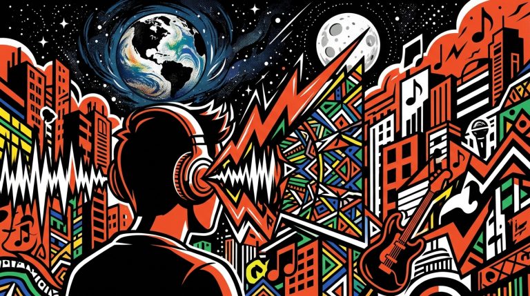 Ilustración de la fusión musical de Roger Taylor (Queen) y un coro zulú, con vibrante arte urbano venezolano.