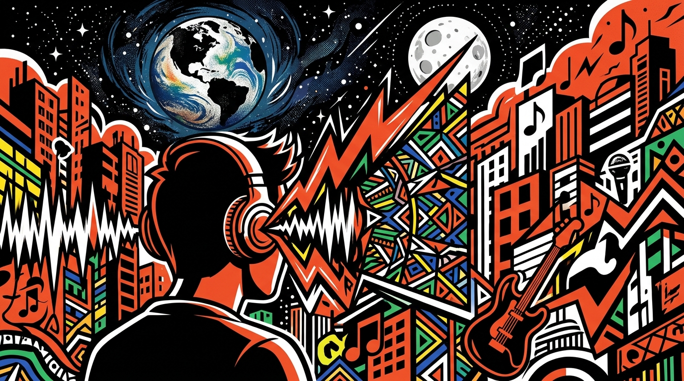 Ilustración de la fusión musical de Roger Taylor (Queen) y un coro zulú, con vibrante arte urbano venezolano.