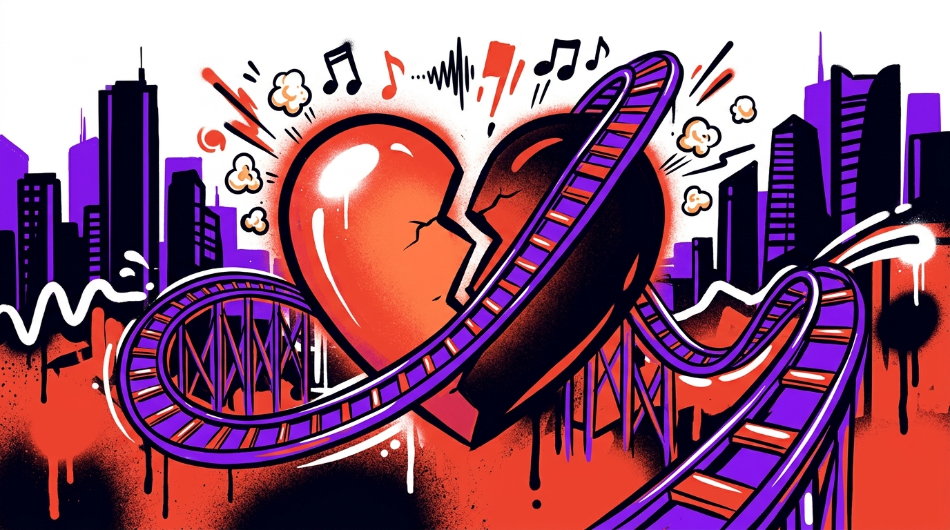 Ilustración de arte urbano sobre el desamor en el nuevo álbum de Olivia Rodrigo. Un corazón roto y una montaña rusa musical.