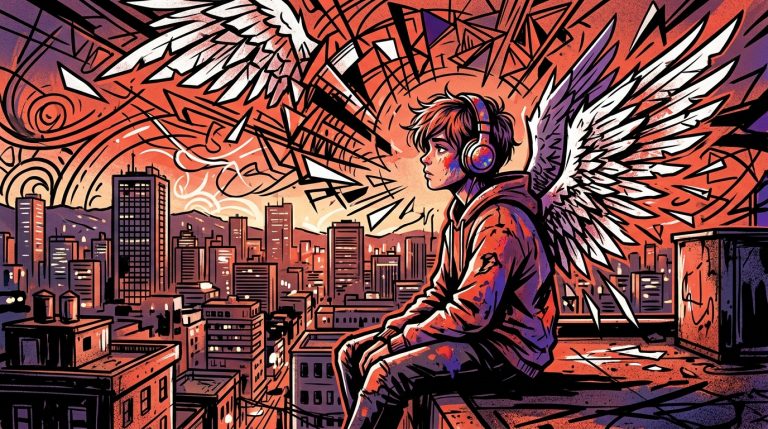 Ilustración urbana sobre la canción 'Ritual' de The Warning. Un personaje con alas rotas simboliza la ansiedad y el autosabotaje.
