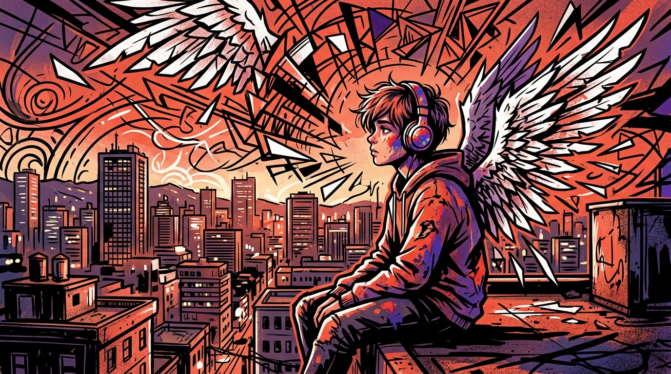 Ilustración urbana sobre la canción 'Ritual' de The Warning. Un personaje con alas rotas simboliza la ansiedad y el autosabotaje.