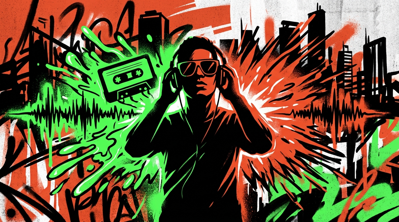 Ilustración urbana del cambio de Feid al hip hop. Arte digital con colores vibrantes y silueta de Valencia de fondo.
