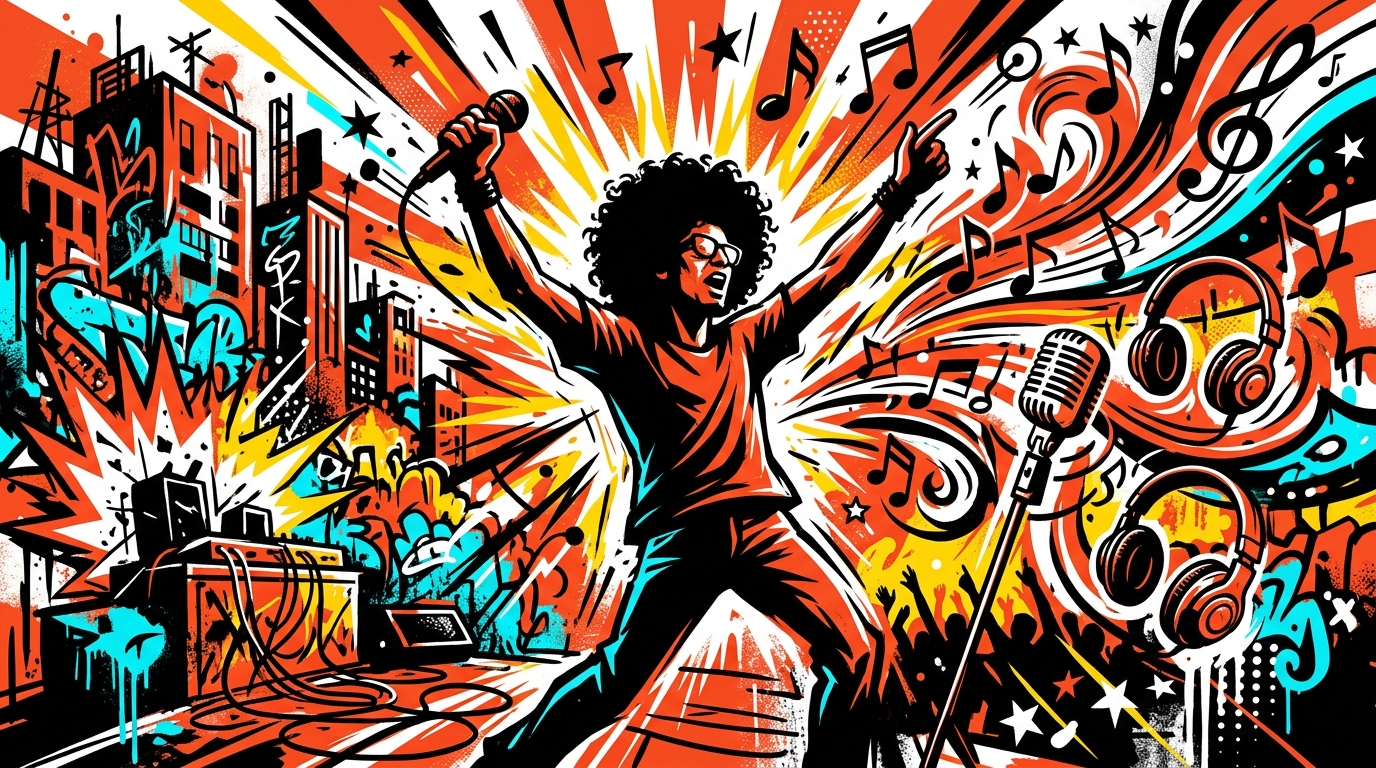 Ilustración urbana de Fito Páez en su exitosa gira por Colombia, con notas musicales y una ciudad de fondo.