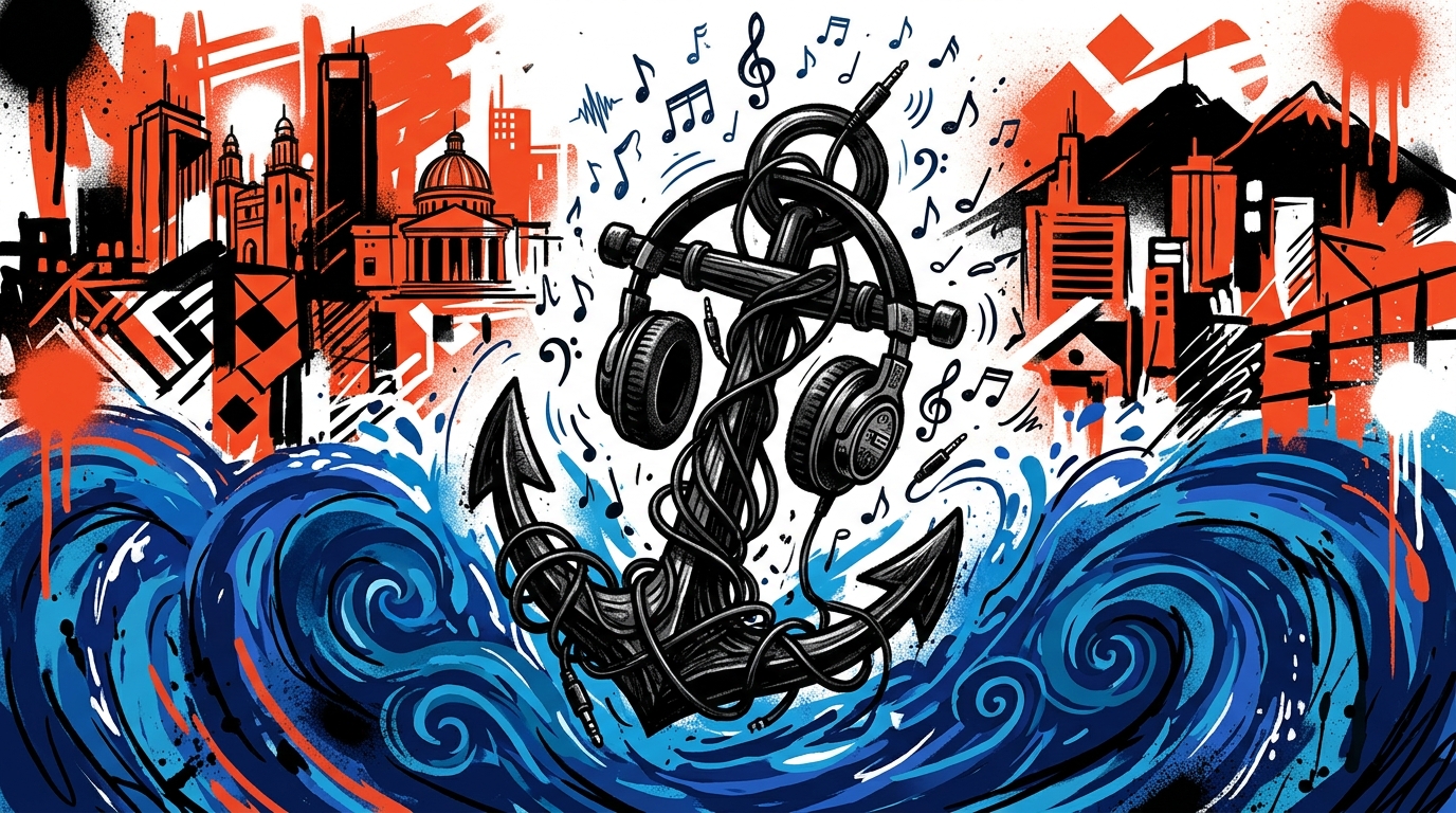 Ilustración urbana de un ancla hecha de audífonos, representando la canción 'Ancla' de Monet in Blue y la escena musical de Valencia.