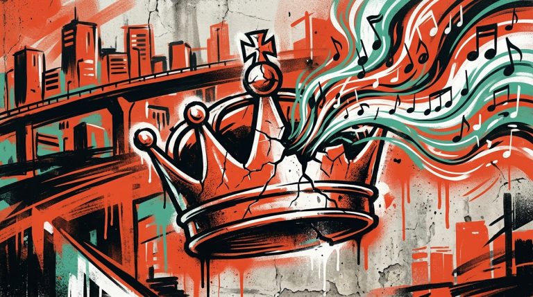 Ilustración urbana del beta de The Smiths y su disco The Queen Is Dead. Arte con una corona rota y símbolos musicales.