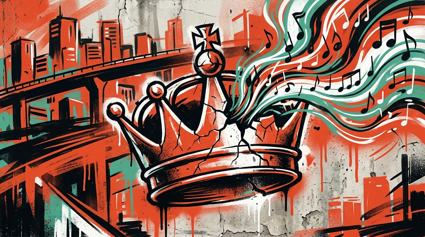 Ilustración urbana del beta de The Smiths y su disco The Queen Is Dead. Arte con una corona rota y símbolos musicales.