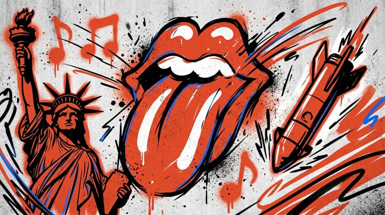 Ilustración urbana de la lengua de los Rolling Stones criticando a EE.UU. y a Musk en su nuevo álbum para Bonchona Radio.