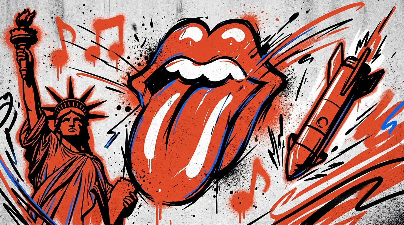 Ilustración urbana de la lengua de los Rolling Stones criticando a EE.UU. y a Musk en su nuevo álbum para Bonchona Radio.
