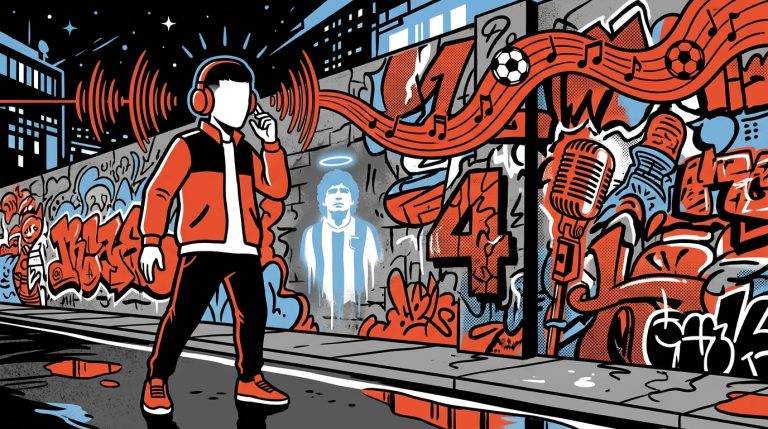 Ilustración urbana del rapero Trueno con símbolos de fútbol y Maradona, estilo Bonchona Radio para su noticia del Mundial.
