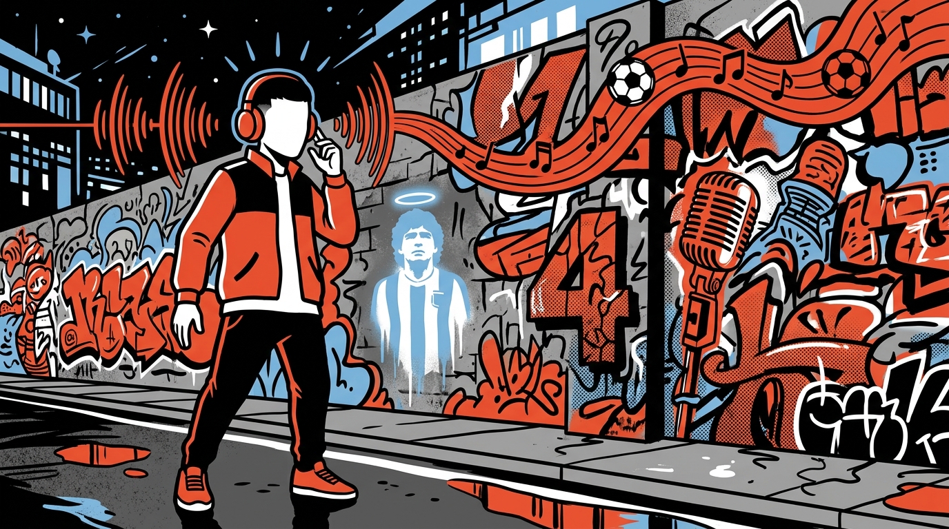 Ilustración urbana del rapero Trueno con símbolos de fútbol y Maradona, estilo Bonchona Radio para su noticia del Mundial.