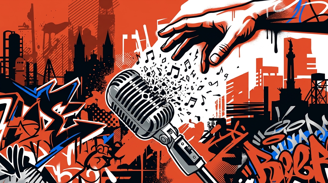 Ilustración urbana de un micrófono roto, sobre la polémica de Bruce Dickinson y el rock.