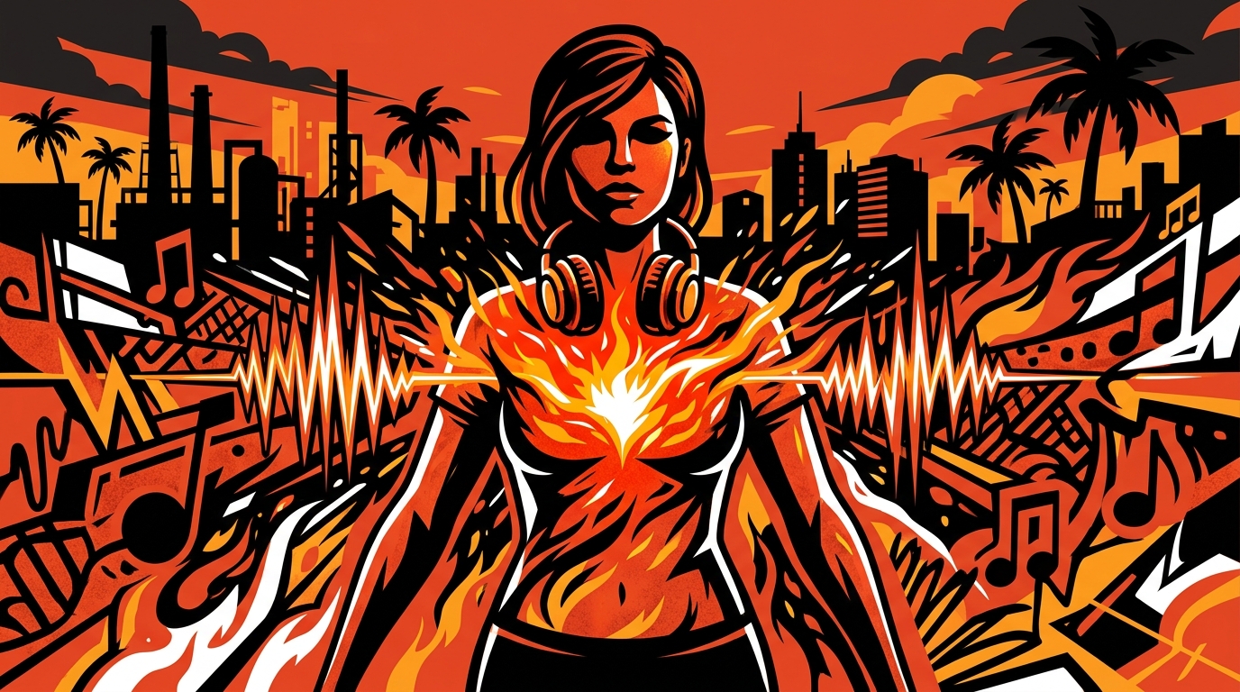 Ilustración de arte urbano sobre Greeicy y su álbum 'Candela', simbolizando la fuerza interior y la música como inspiración.