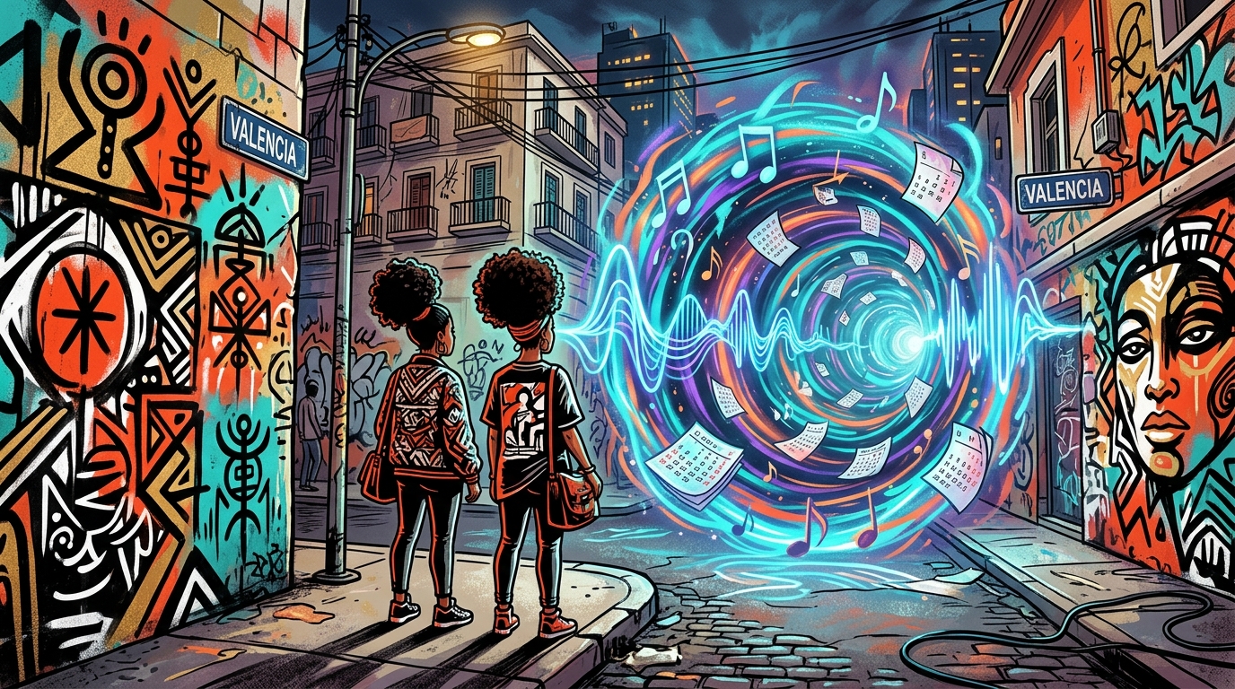 Ilustración de arte urbano sobre el futurista tour 2027 de Ibeyi. Dos siluetas observan un portal musical en Valencia.