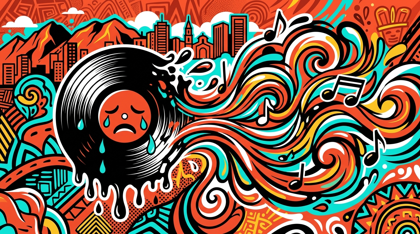 Ilustración urbana que simboliza la transición de LAGOS al merengue con su tema 'WhyWhyWhy' en la escena de Valencia.