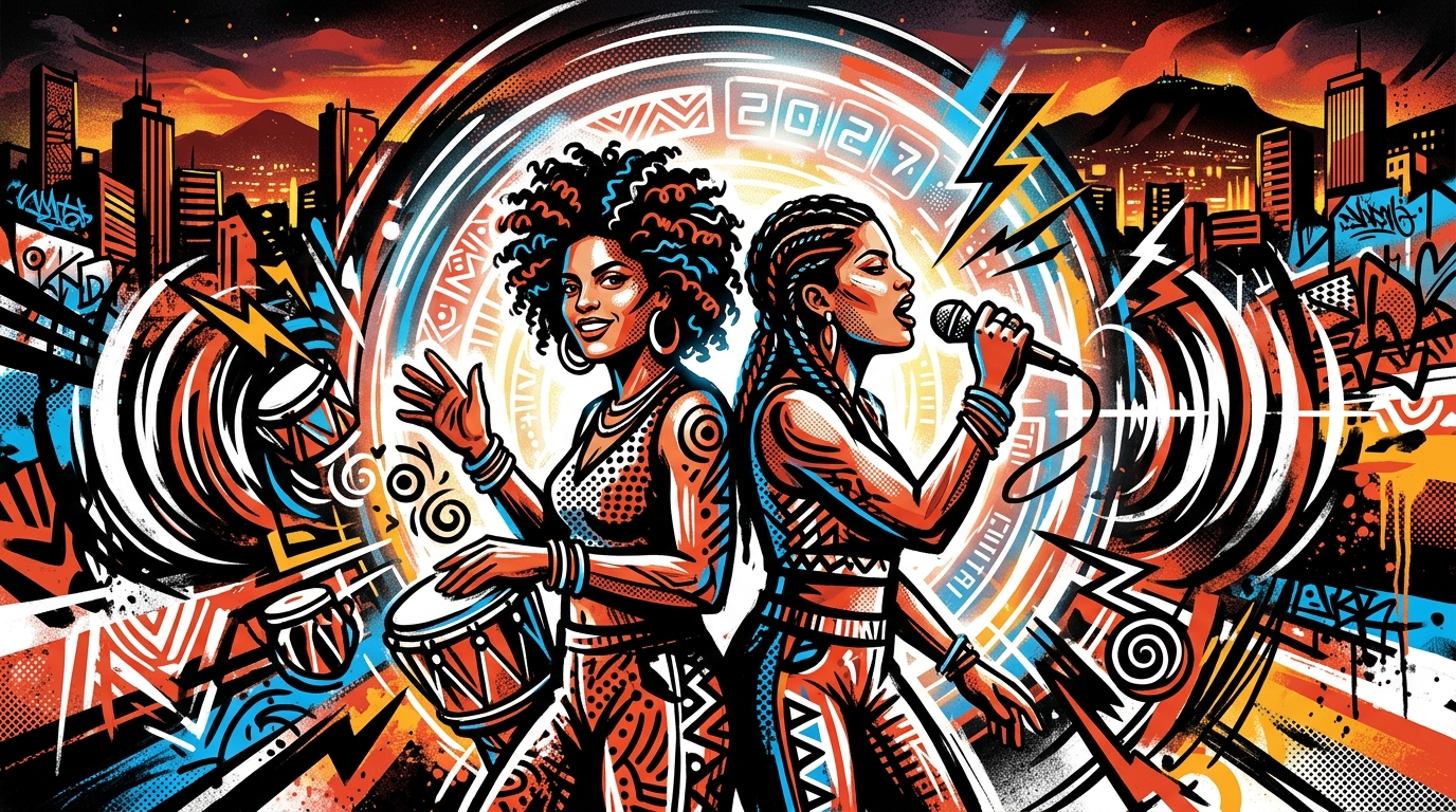 Ilustración street art de Ibeyi y su gira 2027. Dos figuras viajan en el tiempo sobre la ciudad de Valencia.