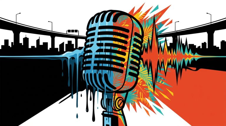 Ilustración urbana del giro musical de LAGOS al merenguetón con 'WhyWhyWhy'. Fusión de estilos en colores vibrantes.