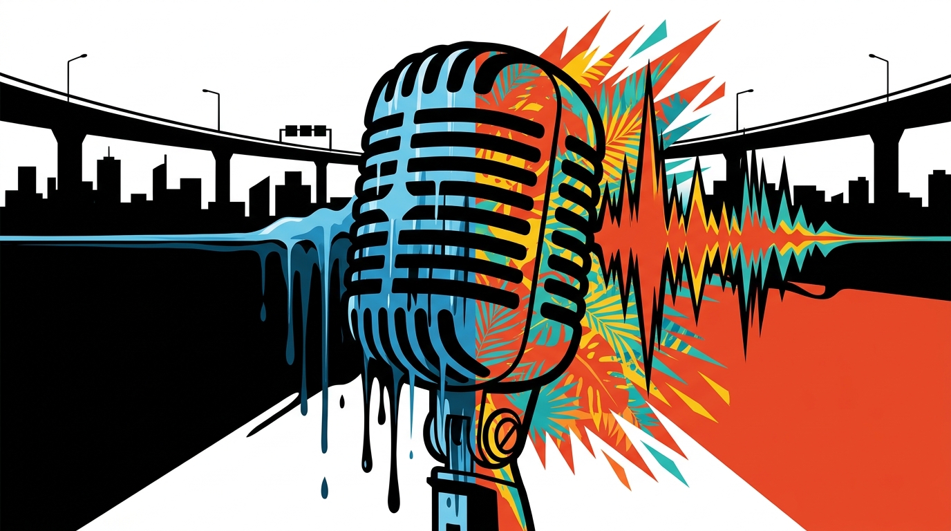 Ilustración urbana del giro musical de LAGOS al merenguetón con 'WhyWhyWhy'. Fusión de estilos en colores vibrantes.
