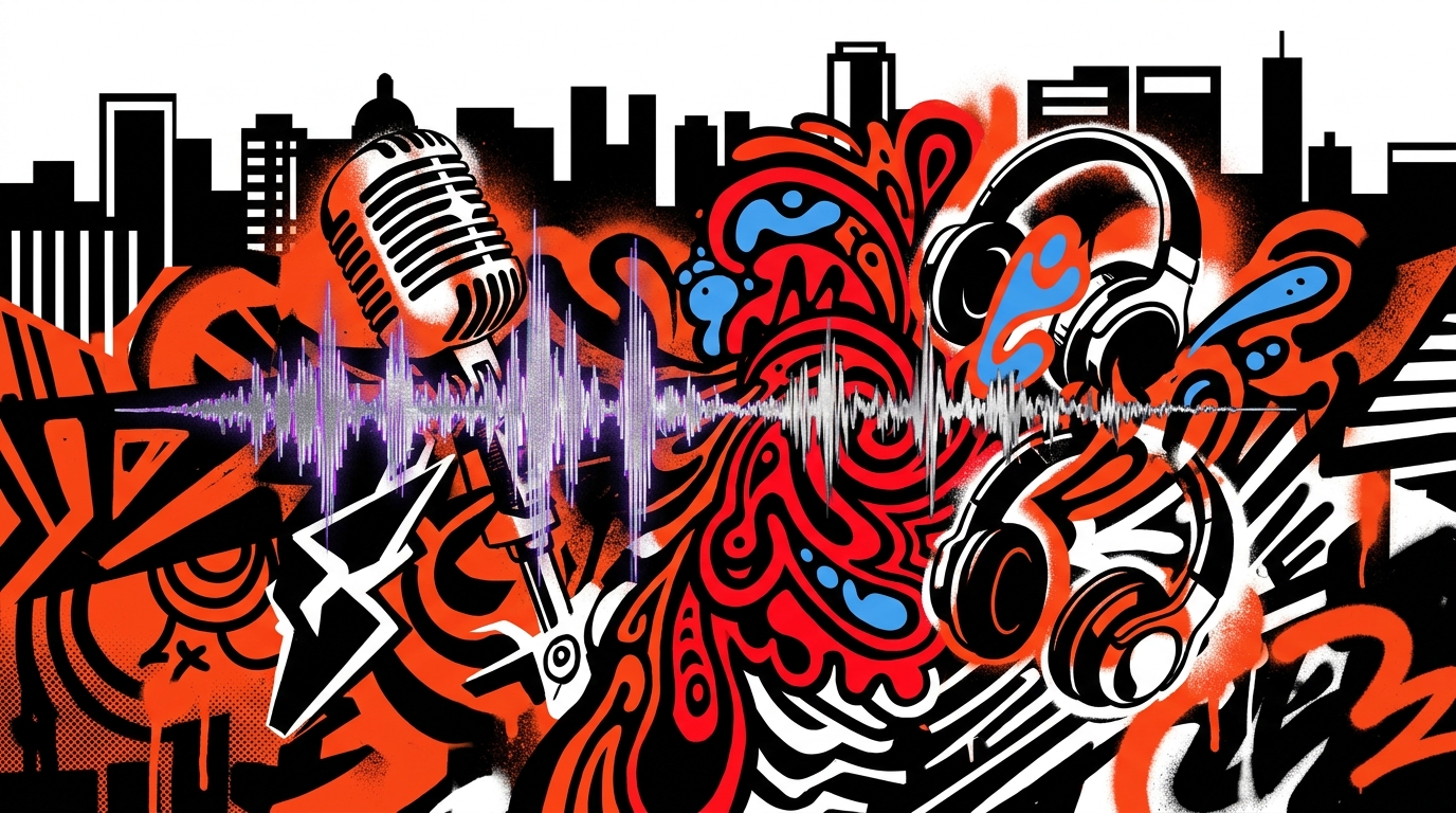 Ilustración de arte urbano sobre la colaboración de FKA twigs y Lil Yachty, con ondas sonoras y colores vibrantes en contraste.