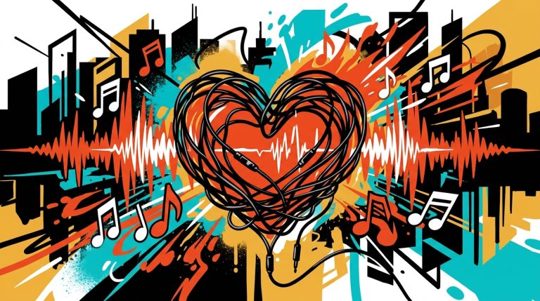Ilustración urbana de un corazón de audífonos simbolizando la nueva canción de Tyla, 'Is It Love?', para Bonchona Radio.