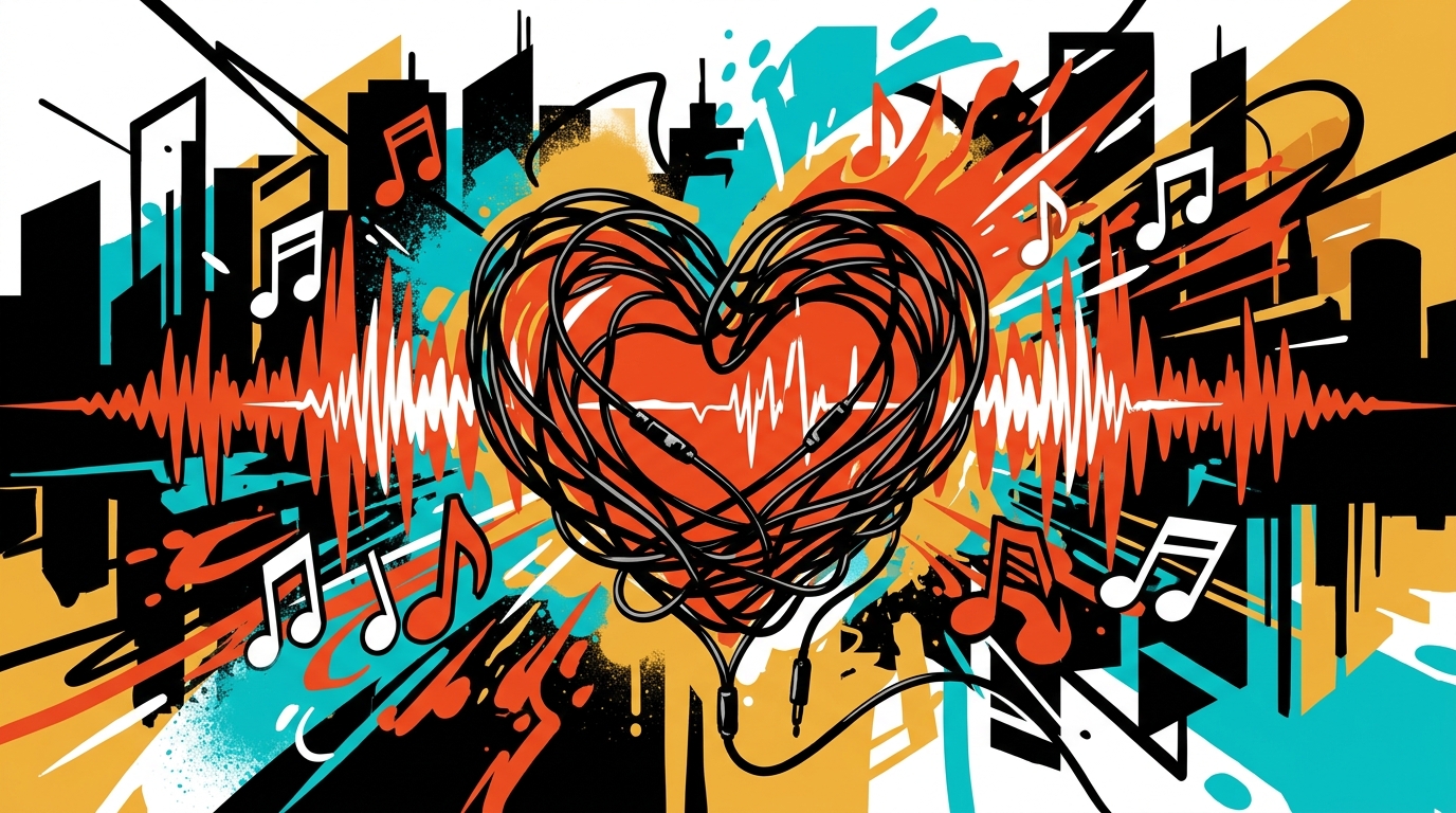 Ilustración urbana de un corazón de audífonos simbolizando la nueva canción de Tyla, 'Is It Love?', para Bonchona Radio.