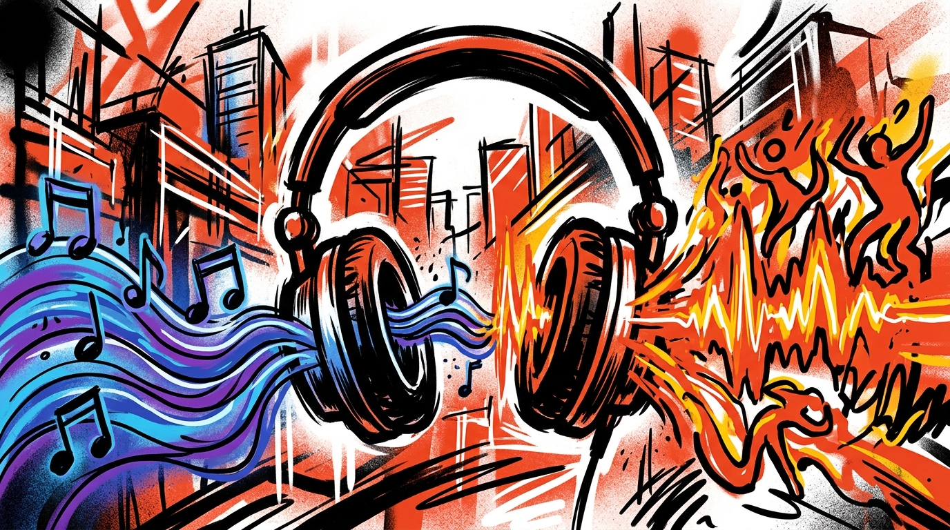Ilustración urbana de audífonos que simboliza el remix de RØZ para el tema de Illenium y Ellie Goulding.