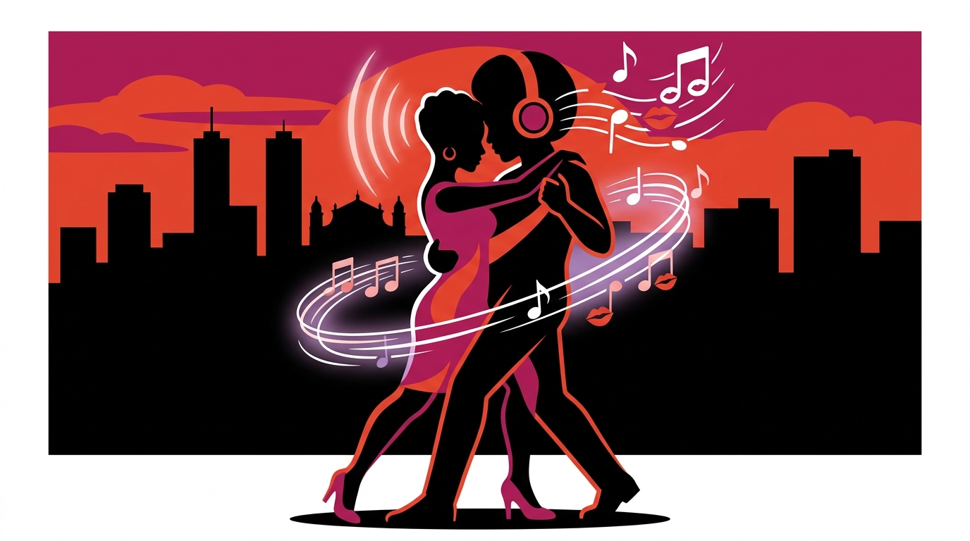 Arte digital estilo graffiti de pareja y música Afrobeats, inspirado en la canción 'Beso a Beso' de Hamilton.