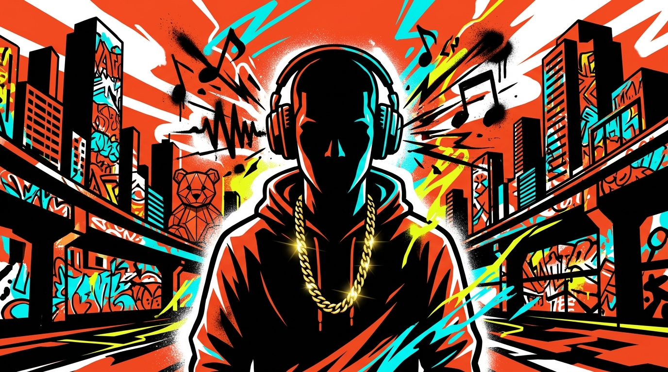 Ilustración de arte urbano sobre el tema 'Ropa Cara' de Ozuna. Silueta de artista con fondo de graffiti y música.