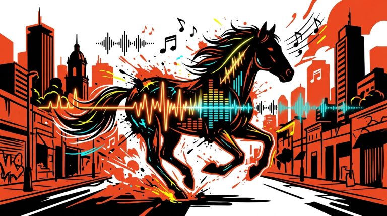 Ilustración urbana de un caballo de ondas sonoras, simbolizando la nueva versión rumba de 'Caballo Viejo' de Karliam.
