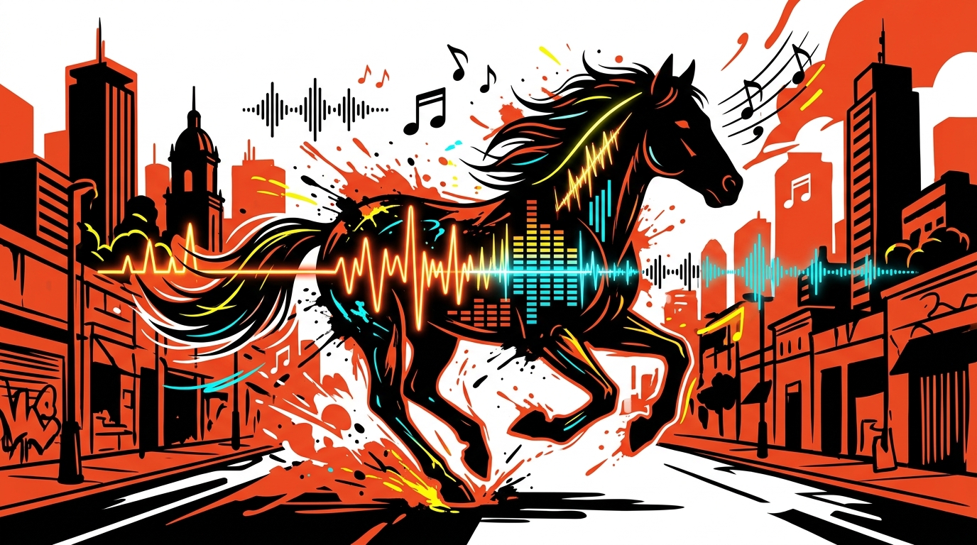 Ilustración urbana de un caballo de ondas sonoras, simbolizando la nueva versión rumba de 'Caballo Viejo' de Karliam.