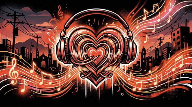 Ilustración urbana de un corazón con audífonos abrazando una ciudad. Símbolo del nuevo álbum de Cultura Profética, En Bucle.