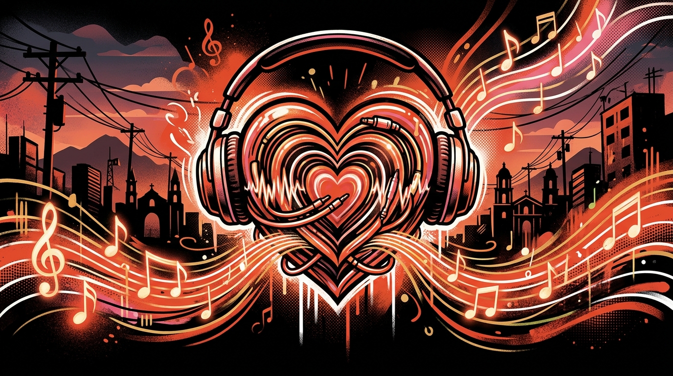 Ilustración urbana de un corazón con audífonos abrazando una ciudad. Símbolo del nuevo álbum de Cultura Profética, En Bucle.