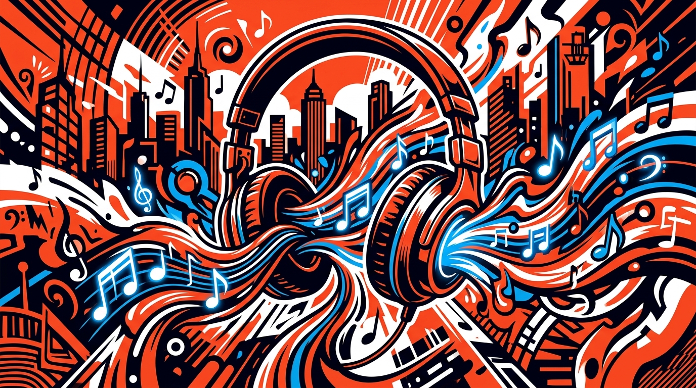 Arte urbano de audífonos y notas musicales en una ciudad, inspirado en el EP 'babylona blue' de Danny Ocean.