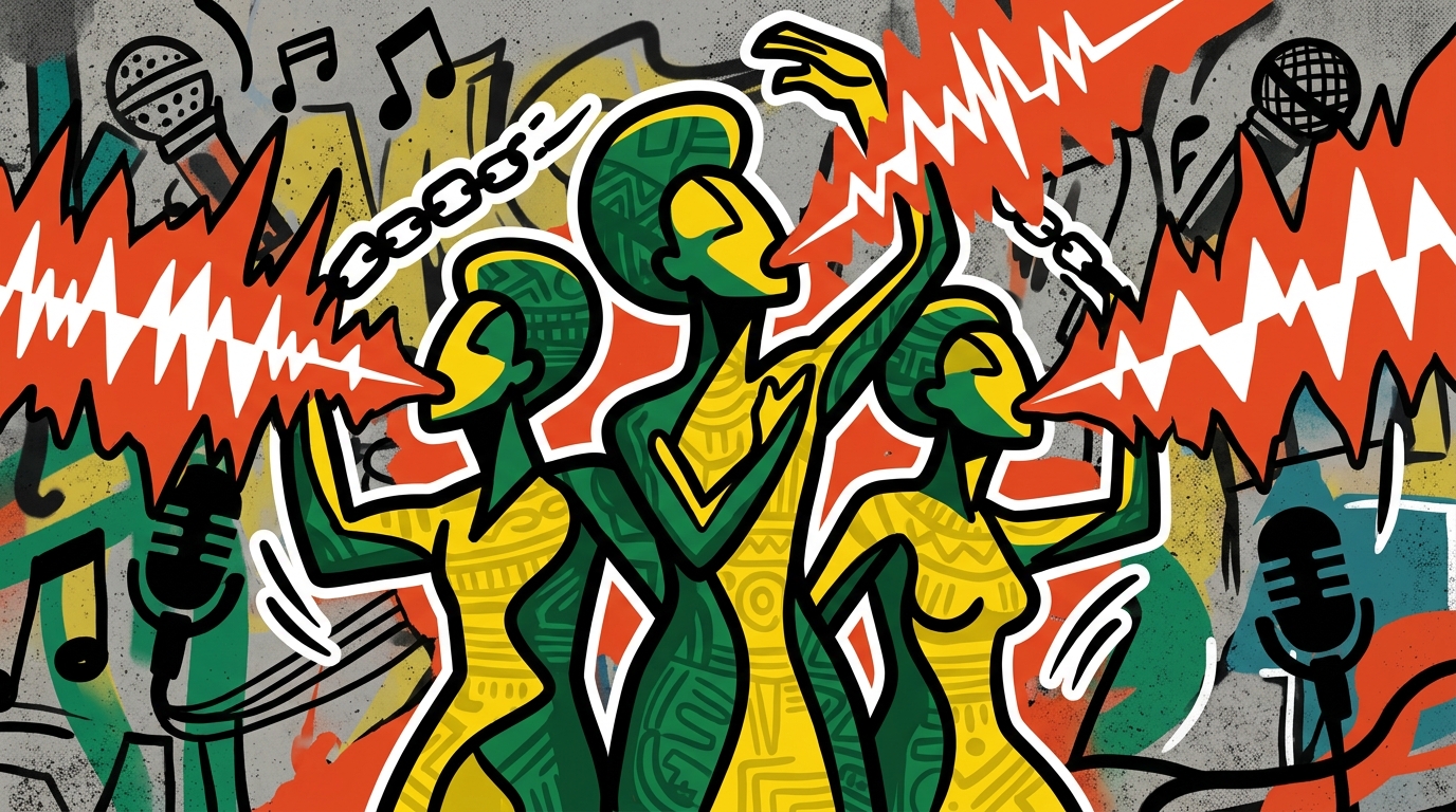 Ilustración de arte urbano sobre Afro Legends para Bonchona Radio. Símbolos de música y protesta con colores vibrantes.