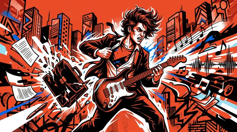 Ilustración de la nueva ola de rock argentino: un oficinista se transforma en músico con su guitarra eléctrica.
