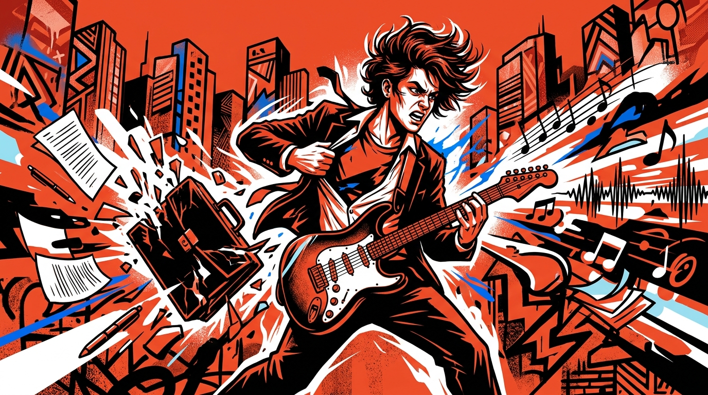 Ilustración de la nueva ola de rock argentino: un oficinista se transforma en músico con su guitarra eléctrica.
