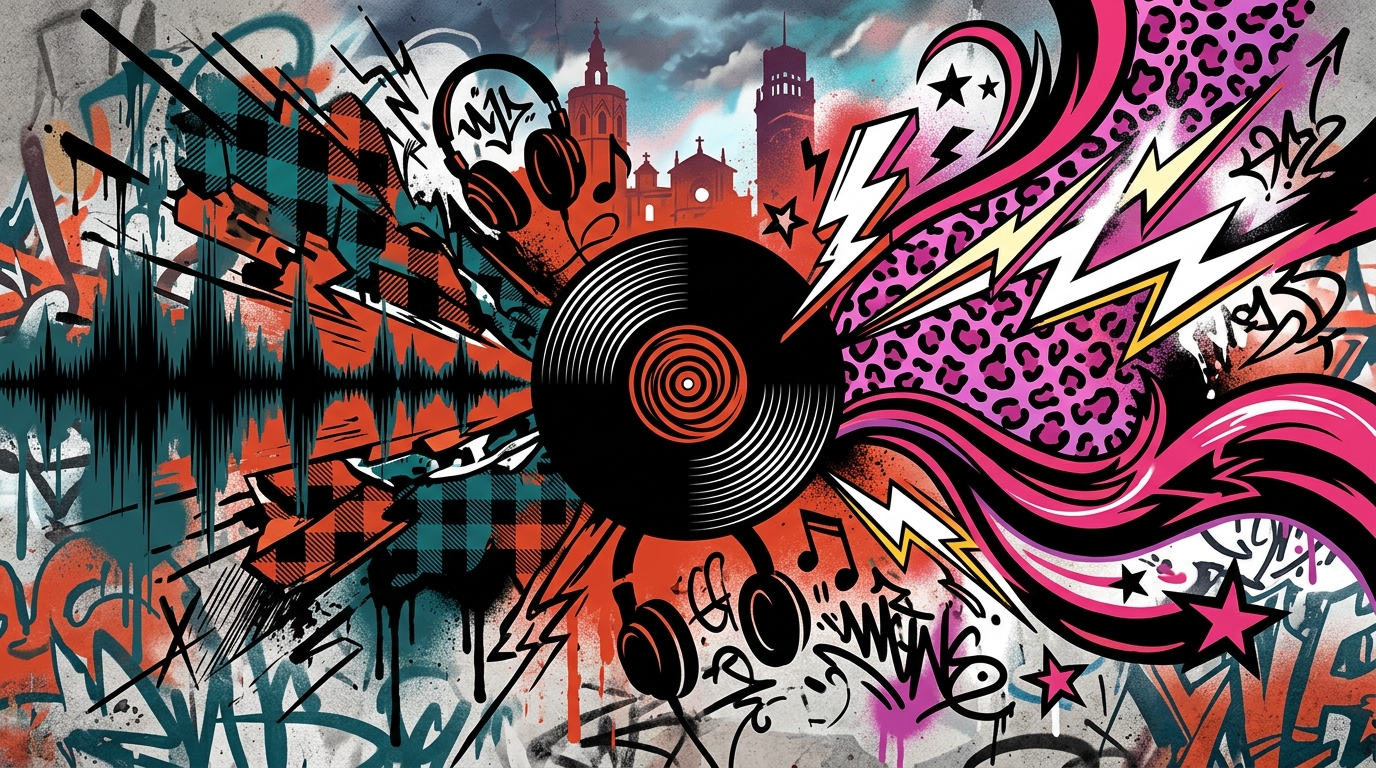 Ilustración de arte urbano que representa la influencia de Redd Kross en la música, uniendo los estilos grunge y hair metal.