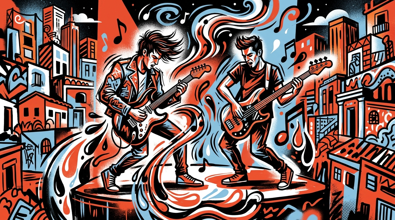Ilustración urbana y colorida del homenaje de Lebón y Aznar a Serú Girán, con estilo graffiti y símbolos de rock.