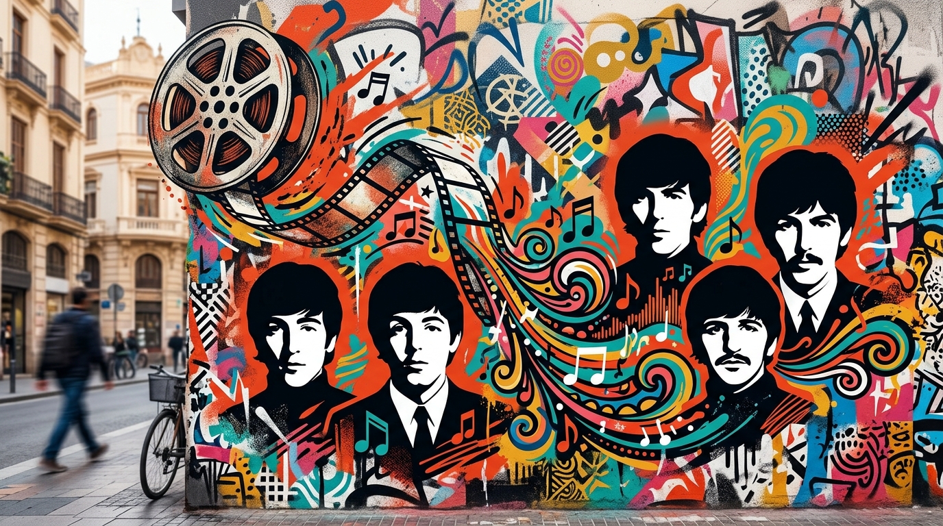 Ilustración urbana de The Beatles con un rollo de película, simbolizando el descubrimiento de su video inédito.